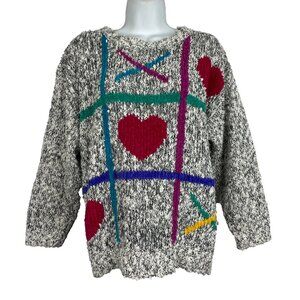 Vintage 80s Here's A Hug Sweater Size M Gray White Chunky Hearts Tic Tac Toe